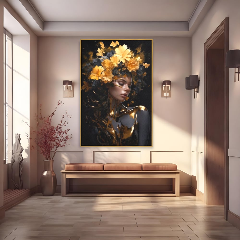 Tablou canvas cu tablou canvas cu portret de femeie aurita, in rama de aluminiu auriu